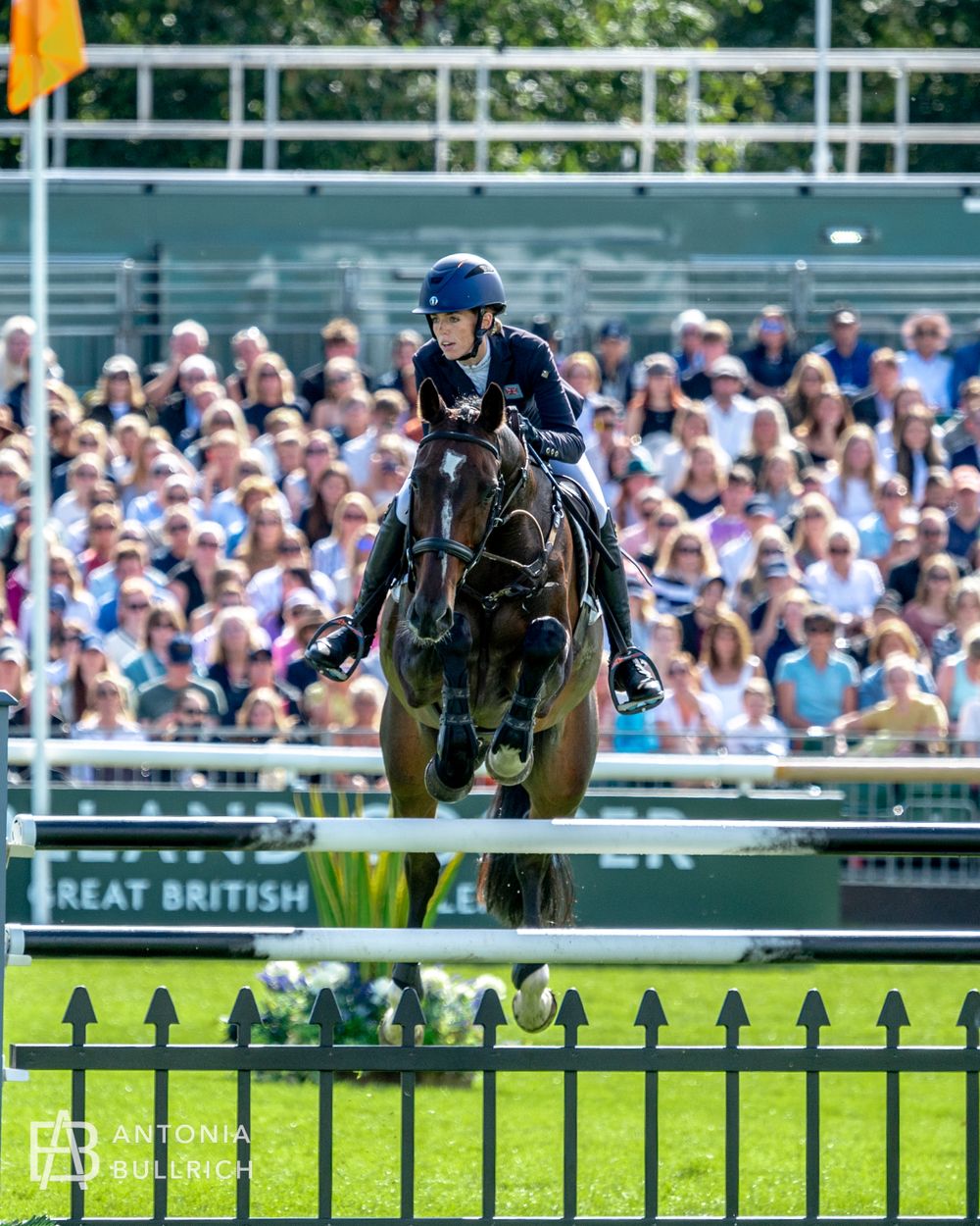 Showjumper on a bay horse clearing an oxer in a packed arena.
