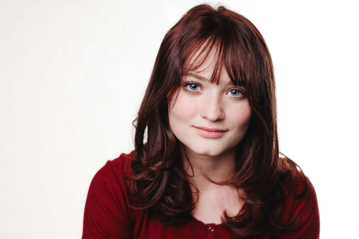 Portrait series of someone wearing a red sweater against white background.