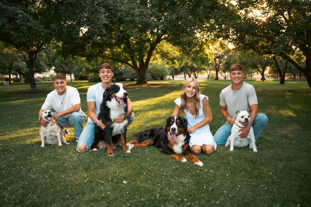 Four teens pose with three dogs on green grass in a sunny park with lush trees.