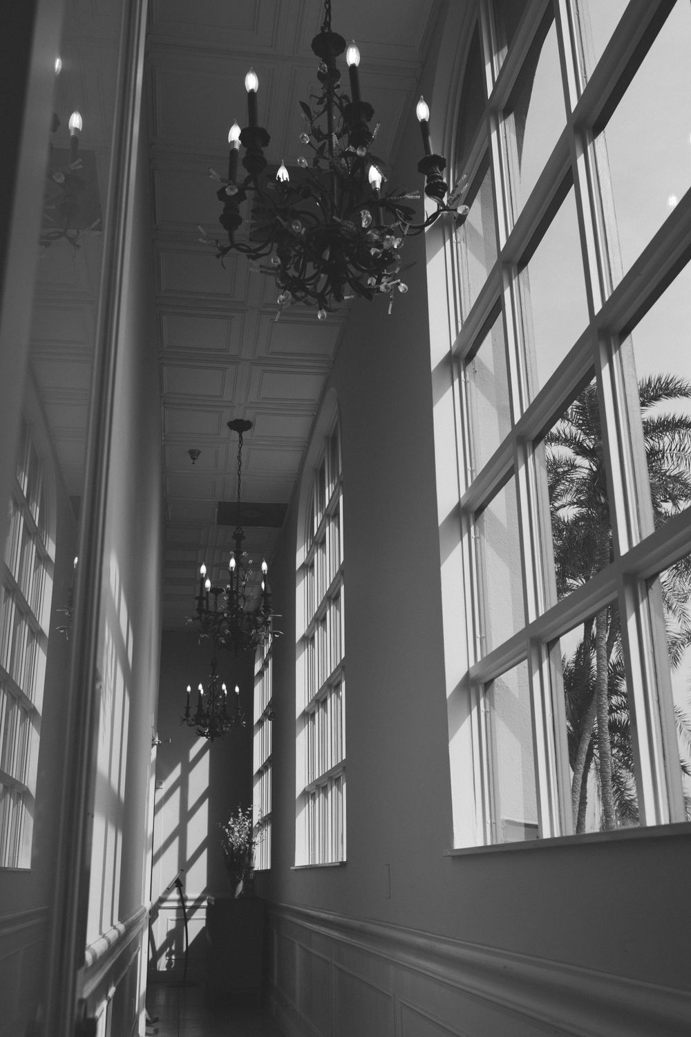 Black and white interior with dramatic chandeliers and tall windows casting shadows.