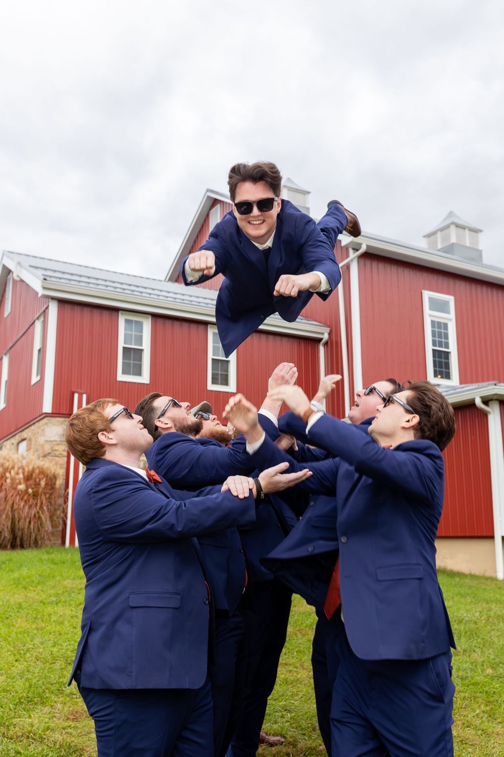 Groomsmen in navy suits tossing groom in the air outside a red barn at a wedding celebration.
