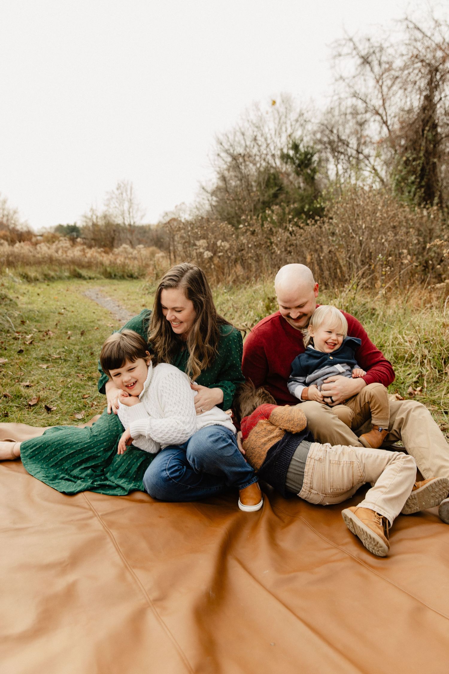 Family lounging together on blanket outdoors sharing intimate moments with baby.