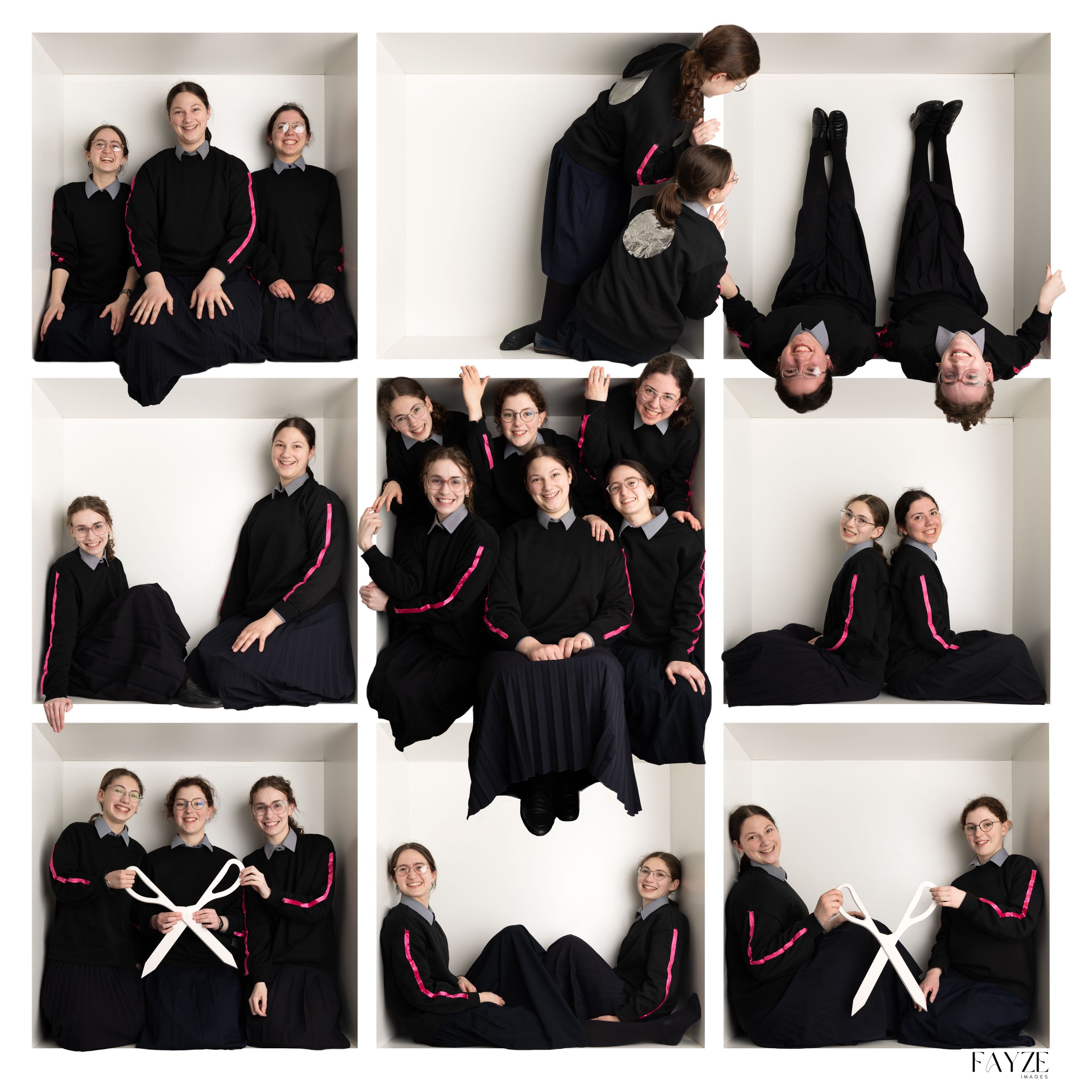 Creative photo collage of performers in black outfits arranged in various poses against white background.