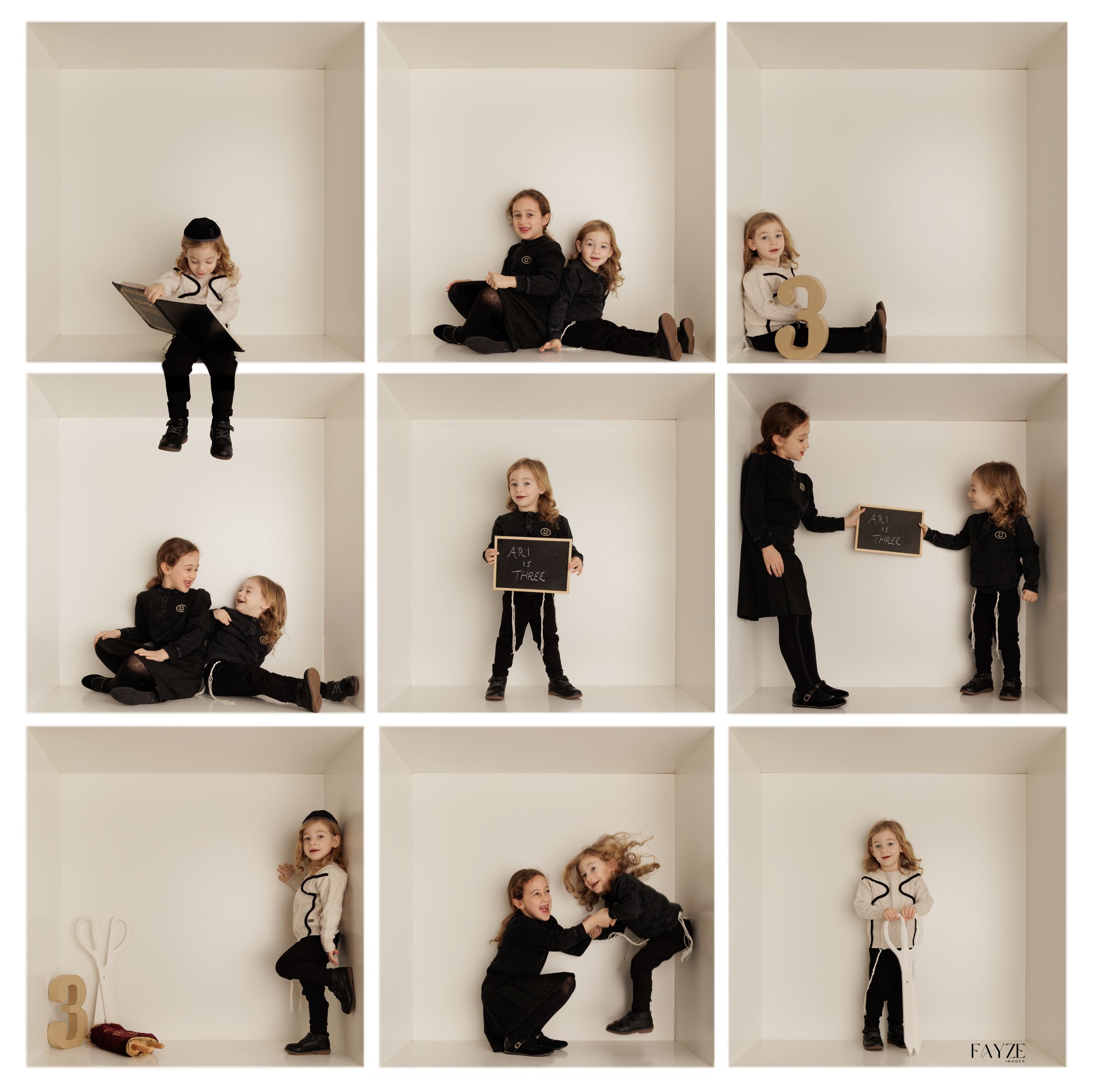 A collection of black and white fashion portraits showing people posing in dark outfits against a light colored wall.