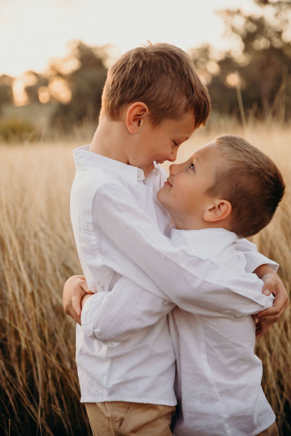 Two young brothers share a tender nose-to-nose hug in a glowing golden grass field at sunset.
