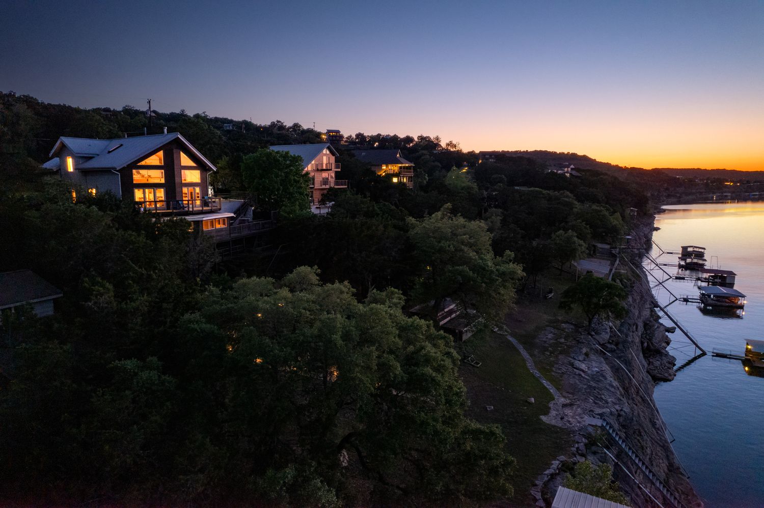 Drone Photograph of lake house in Spicewood, TX