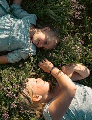 Two young girls lying in a field of wildflowers and green grass on a sunny day.