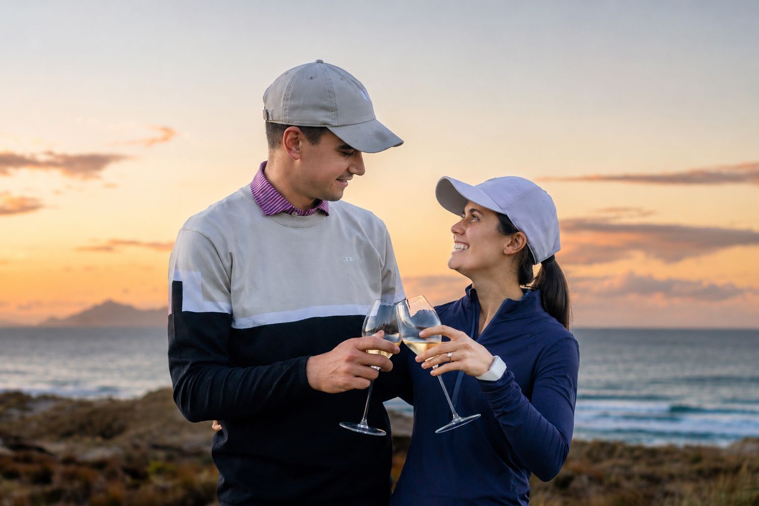 Couple exchanging wedding rings while holding an autumn floral bouquet on a beach.