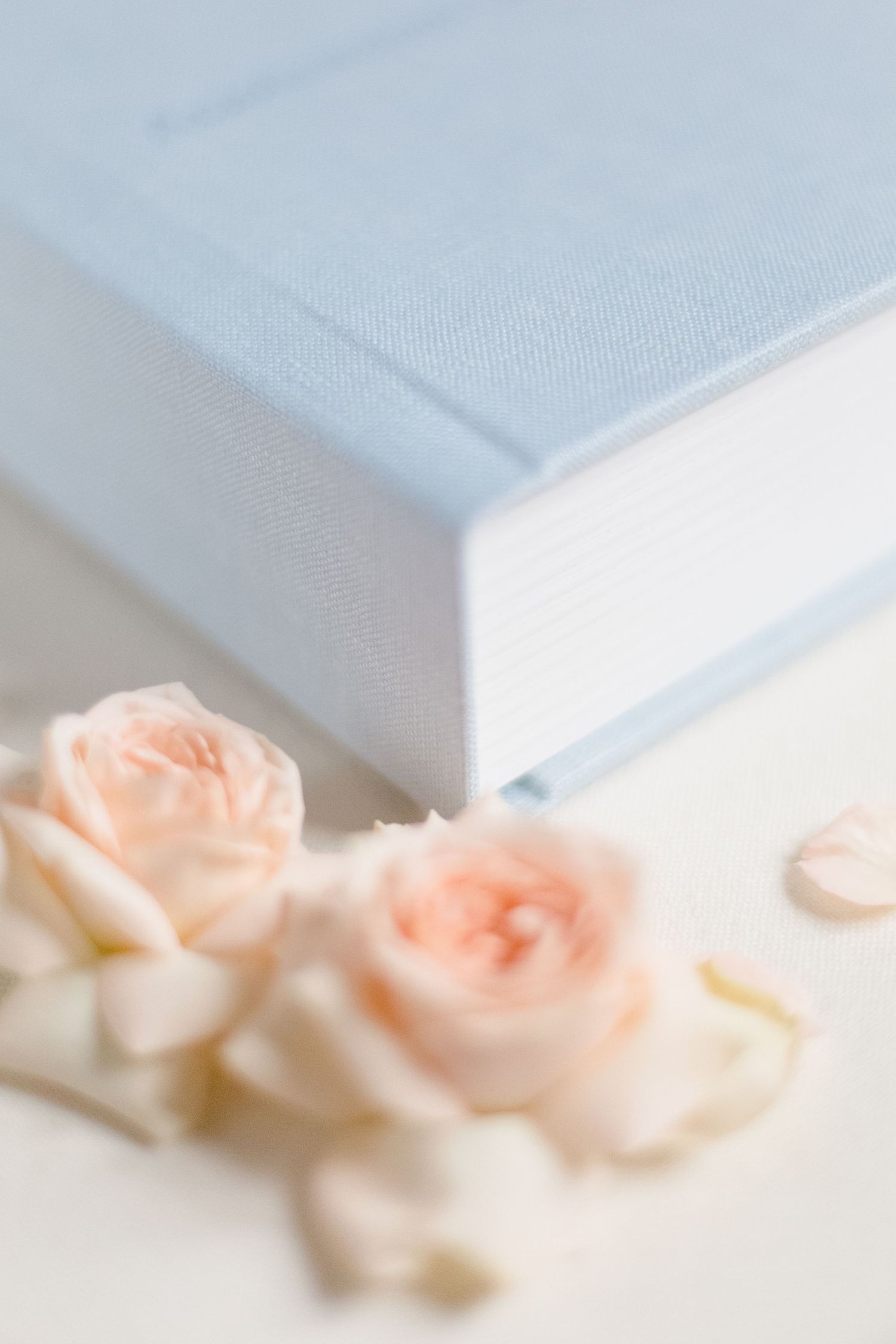 a close up details of a matted album with blue linen cover next to roses