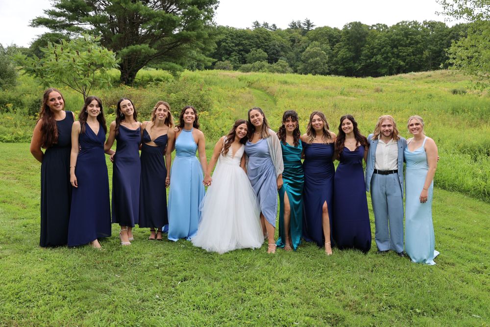 Bridal party in various shades of blue dresses posing on grassy hillside.