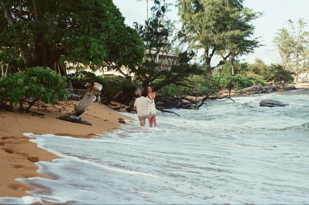 A scenic proposal on Kauai with turquoise waves crashing against the shore and tropical trees lining the coastline