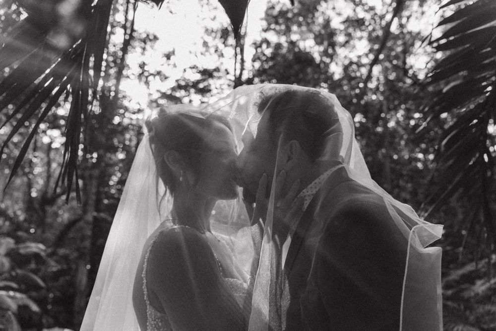 Black and white photo of bride and groom kissing under veil in lush garden setting.