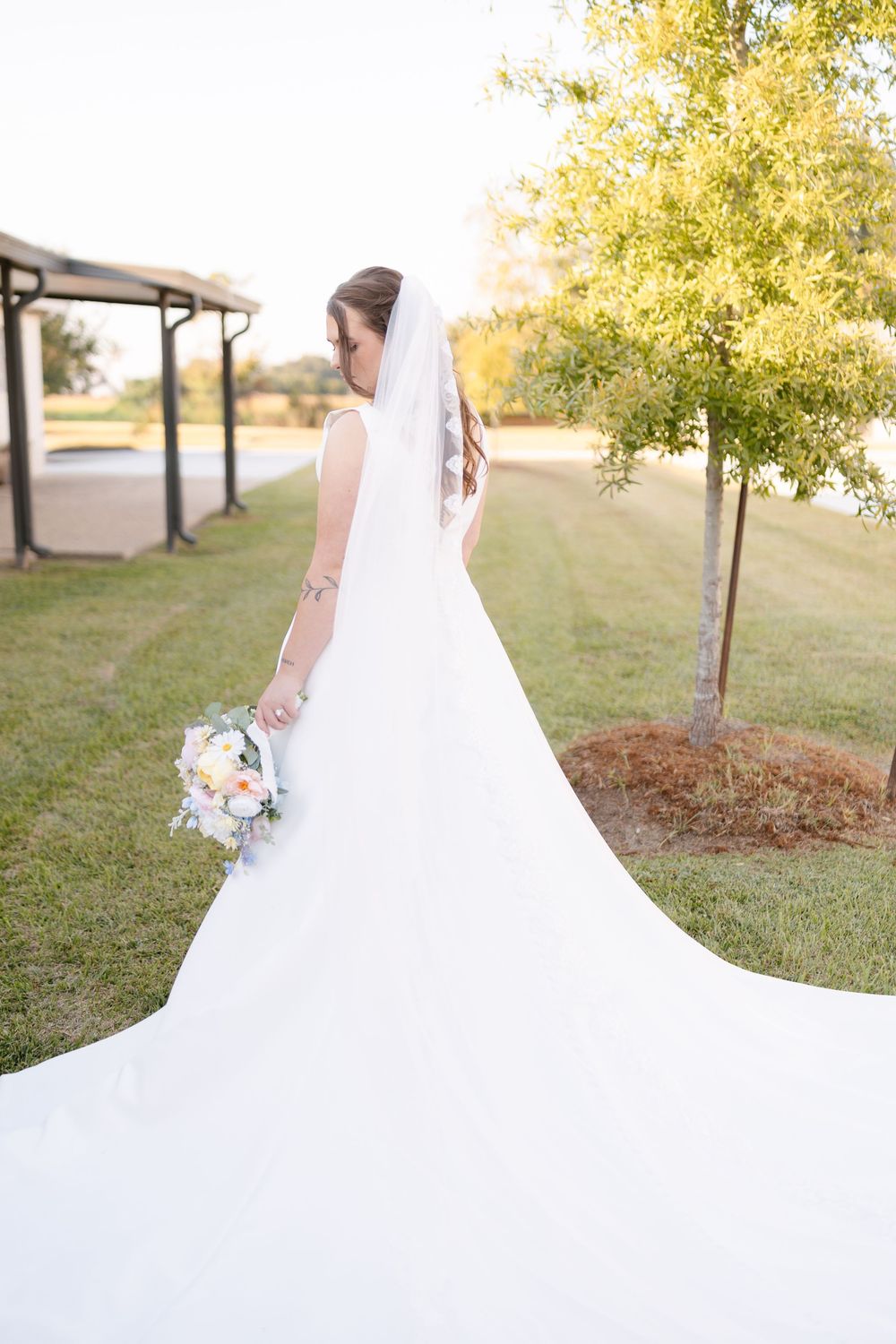 Bride in a white gown with a long flowing veil and train holds a pastel floral bouquet while standing on a sunlit lawn beside a young tree.