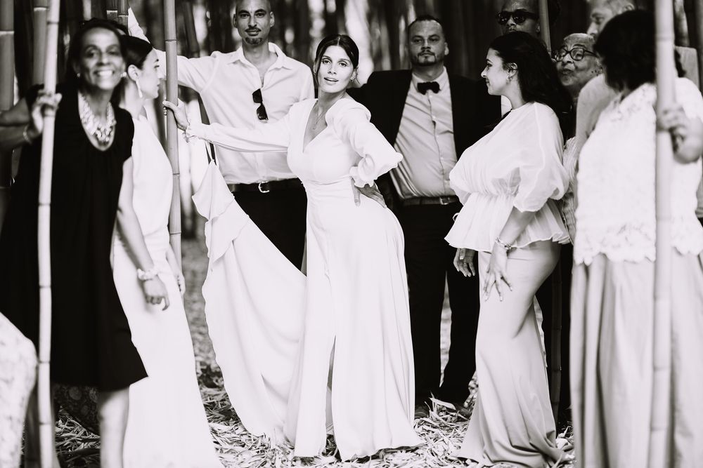 Photo noir et blanc d'un groupe d'invités élégants faisant la fête ensemble
