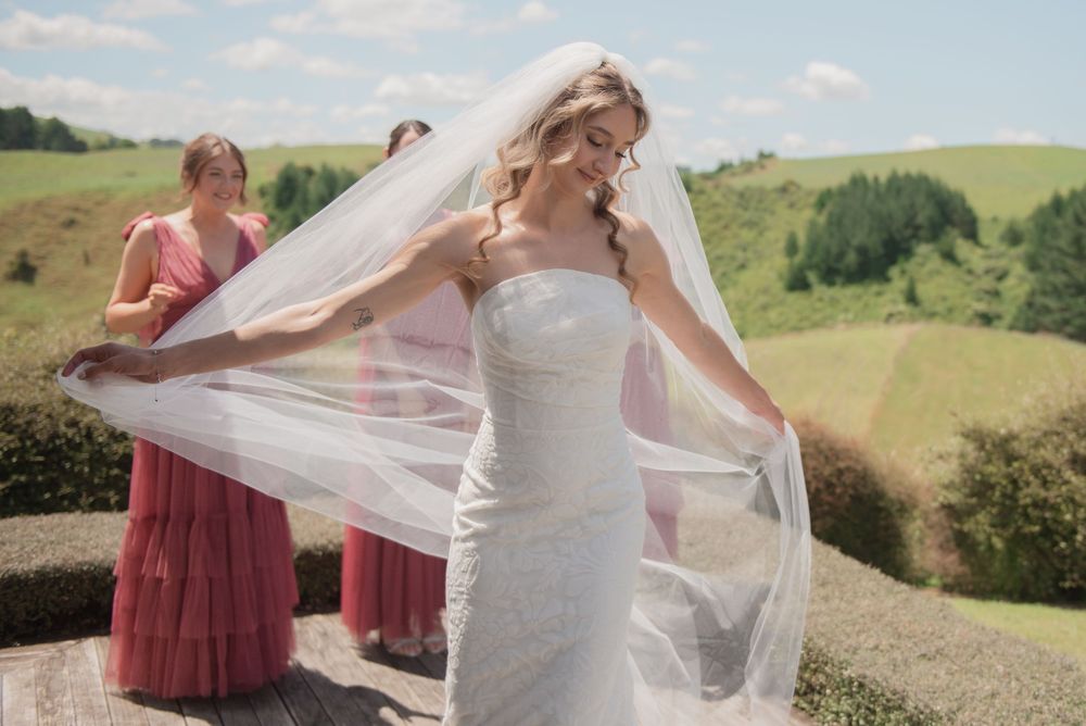 Bride in strapless lace wedding gown with flowing veil, bridesmaids in pink dresses, lush green hills backdrop.