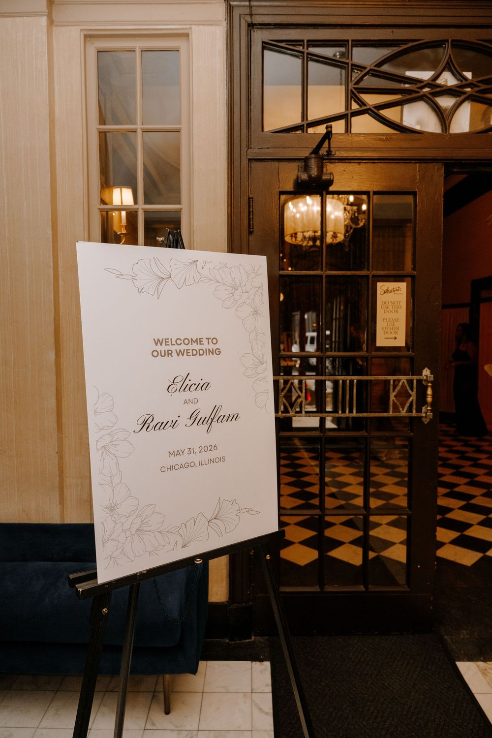 Elegant wedding welcome sign on easel for Elicia and Ravi Gulfam, May 31 2025, Chicago Illinois.