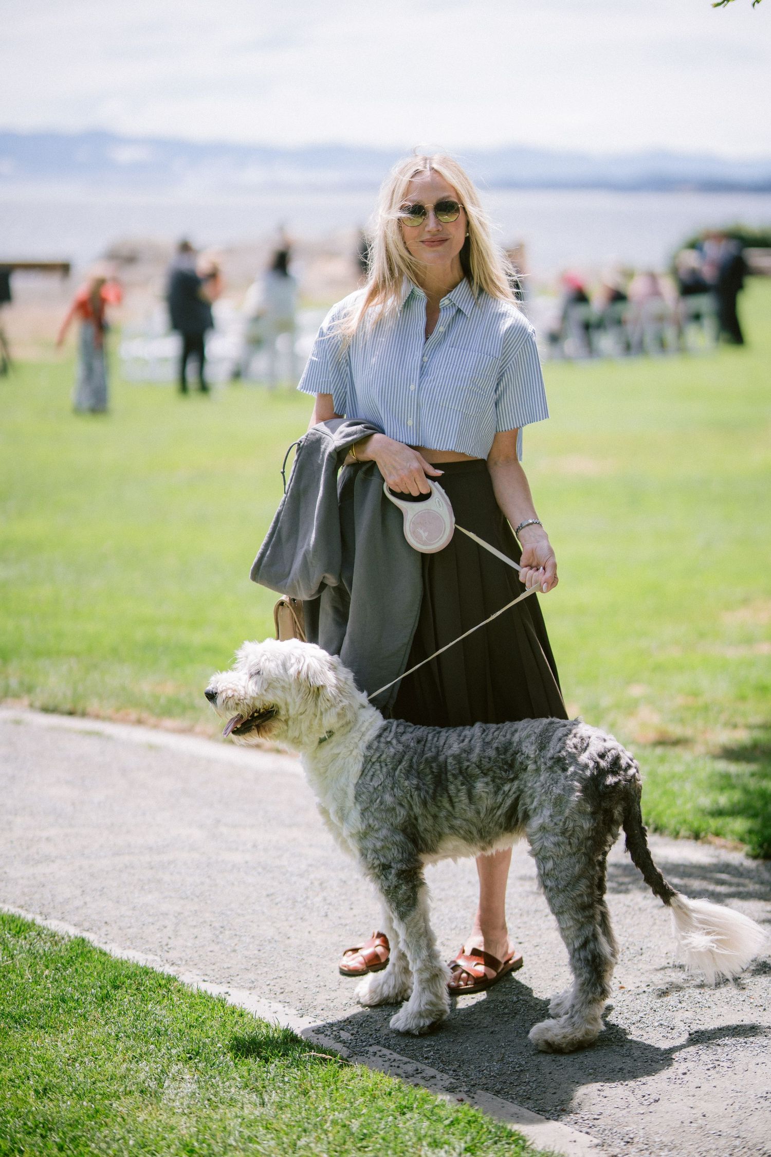 Blonde woman in blue crop top and black skirt walking fluffy gray dog on path at outdoor wedding.
