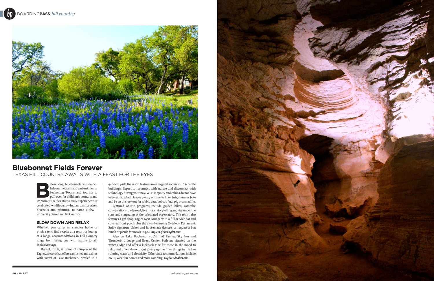 A double page magazine spread with photos of Texas bluebonnets in a field and a cavern with daylight streaming through