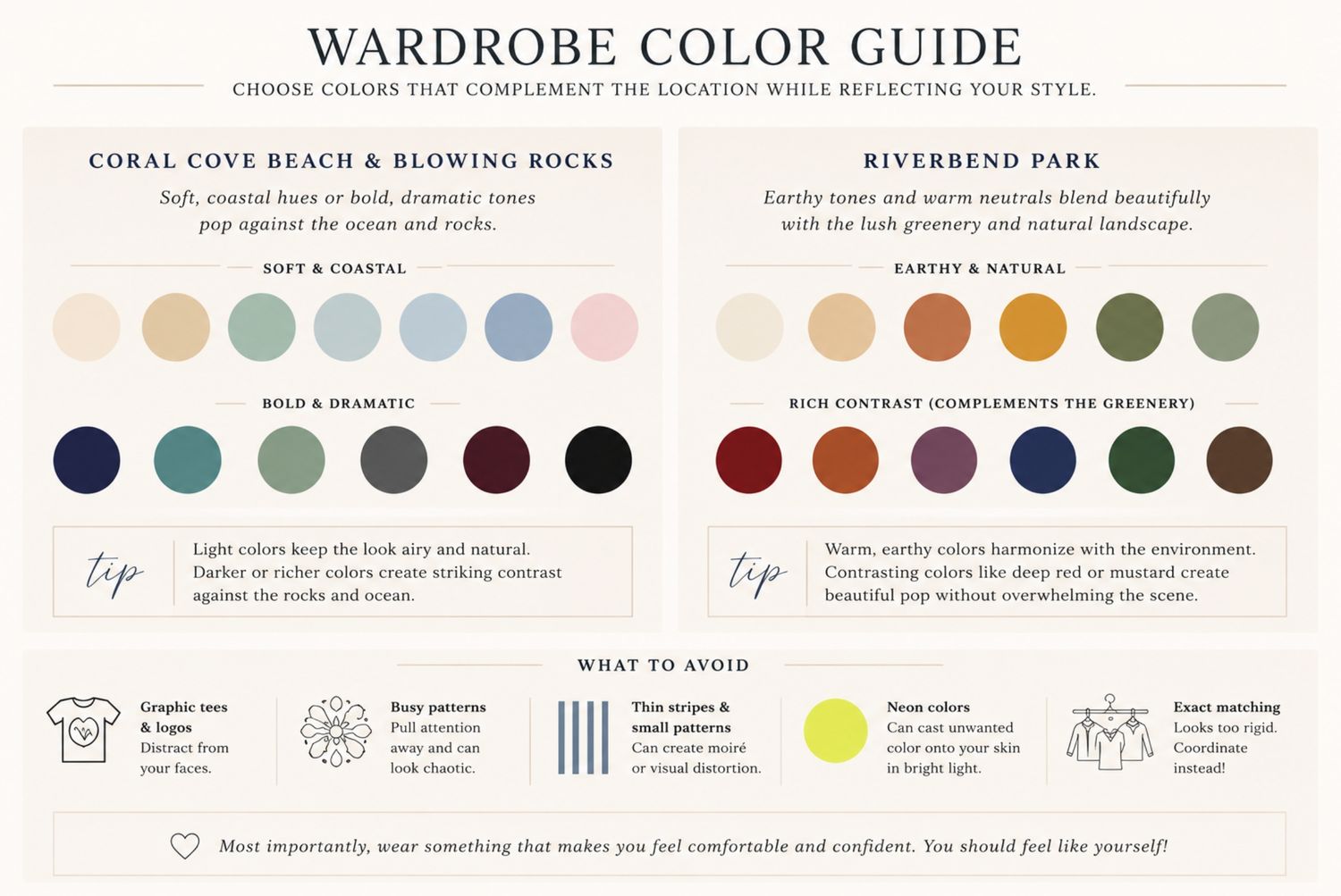Wardrobe color guide featuring coastal and earthy palettes with swatches, styling tips, and color combinations to avoid.