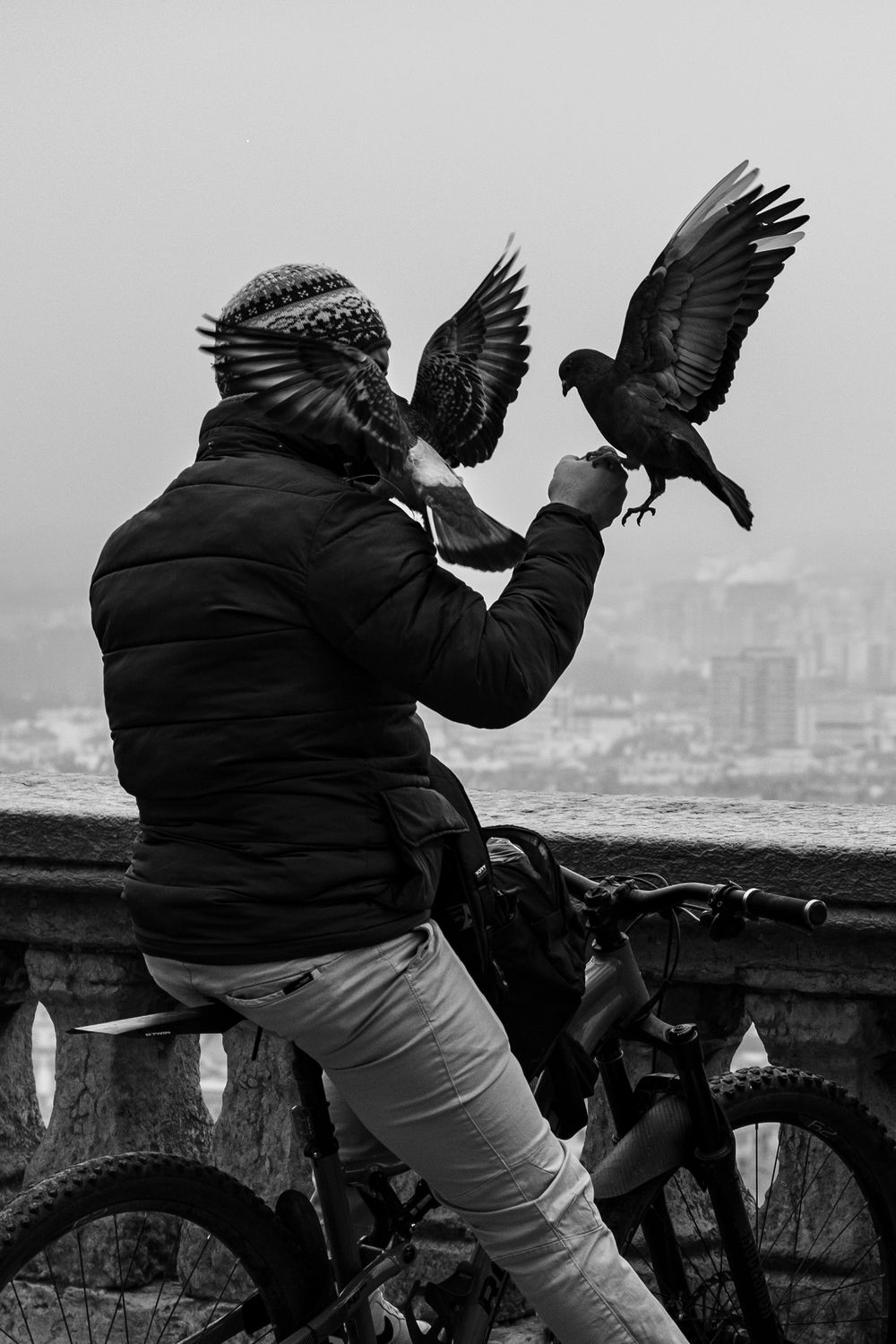 Homme nourrissant des pigeons depuis un point de vue dominant Lyon, photographié en noir et blanc.