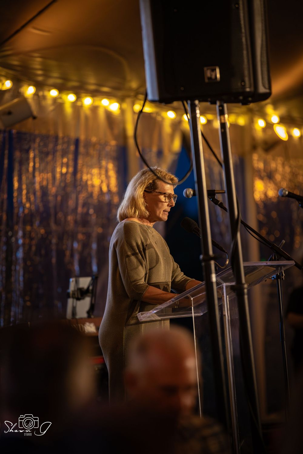 Woman with blonde hair and glasses speaking at a podium during an evening gala event with decorative lights.