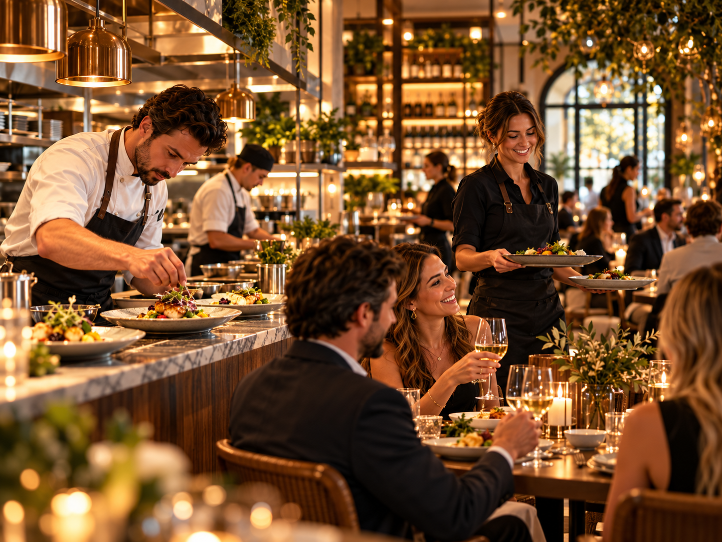 Diners enjoy a candlelit meal at a lively upscale restaurant while servers in aprons plate fresh dishes at a bar counter.