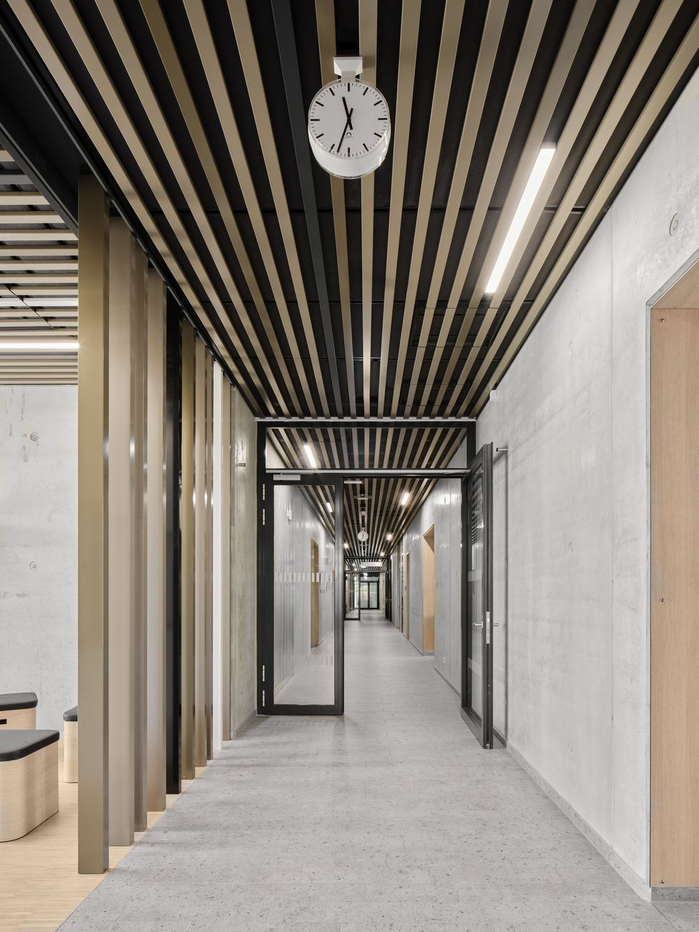 Modern corridor with a slatted wood ceiling, round wall clock, concrete walls, glass doors and wooden benches along a gray floor.