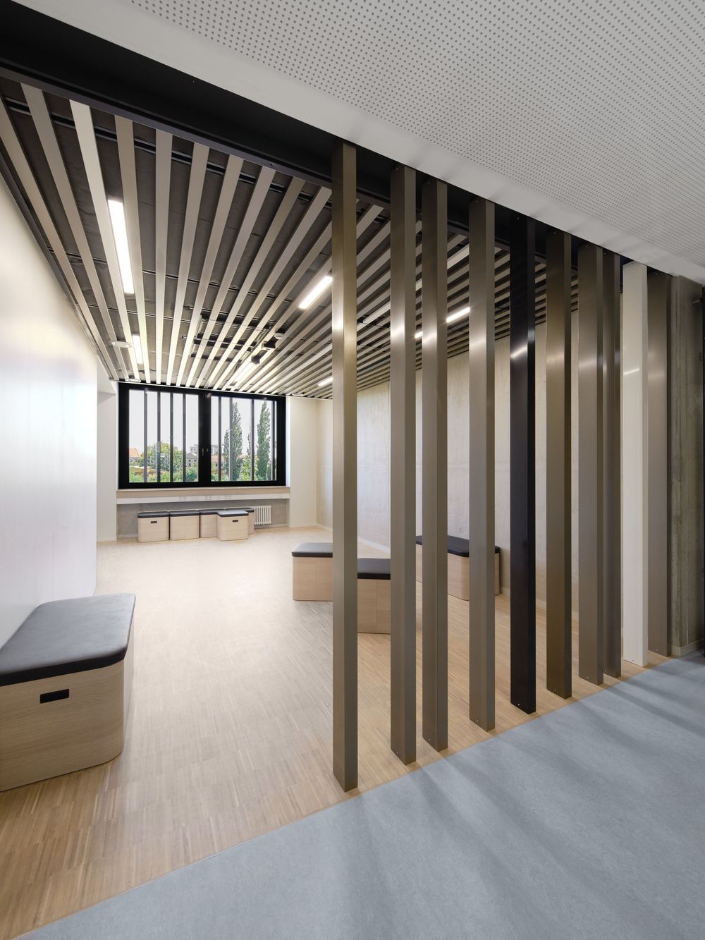 Modern interior with vertical wood slat partitions, a slatted ceiling, built-in benches, and large windows over a light hardwood floor.