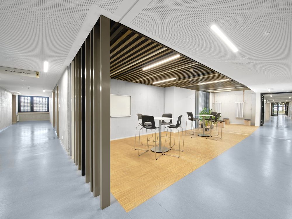 Modern open office lounge with wooden flooring, black chairs around high tables, slatted wood ceiling panels and bright linear lighting.