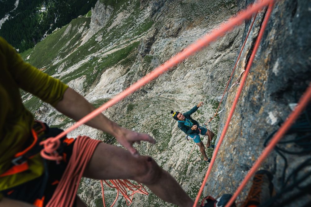 Adam Ondra and Berni Rivadossi on Egoland, with Dolomite peaks behind. Photo: Jan Virt