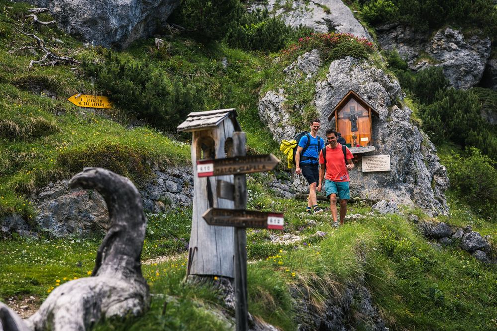 Adam Ondra and Berni Rivadossi return to hut after climbing the route Egoland on the South Face of Marmolada. Photo: Jan Virt