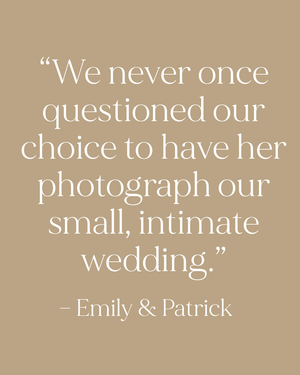 A beige graphic featuring a wedding testimonial quote from Emily and Patrick praising their photographer's work.