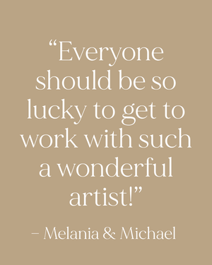 Testimonial quote on tan background praising a wonderful artist, attributed to Melania and Michael.