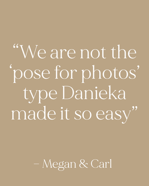Beige graphic with white serif quote from Megan and Carl praising photographer Danieka for making photo poses easy.