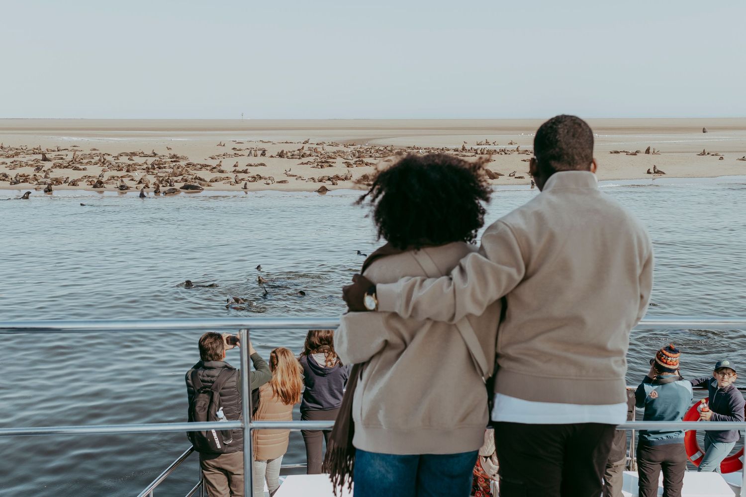 Catamaran cruising along the Namibian coast with marine wildlife nearby