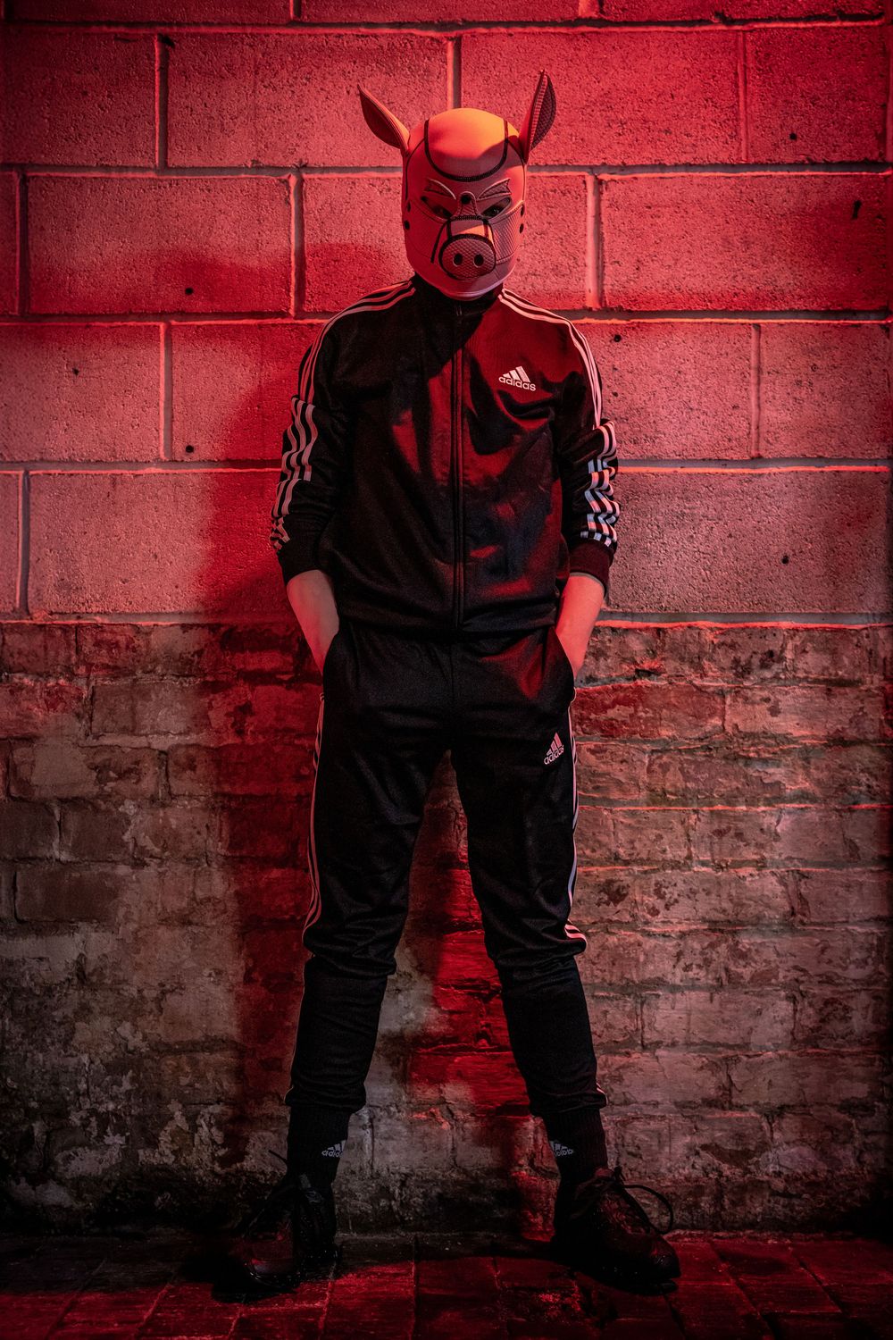 Person wearing a pig mask and black Adidas tracksuit posed against a red-lit brick wall.