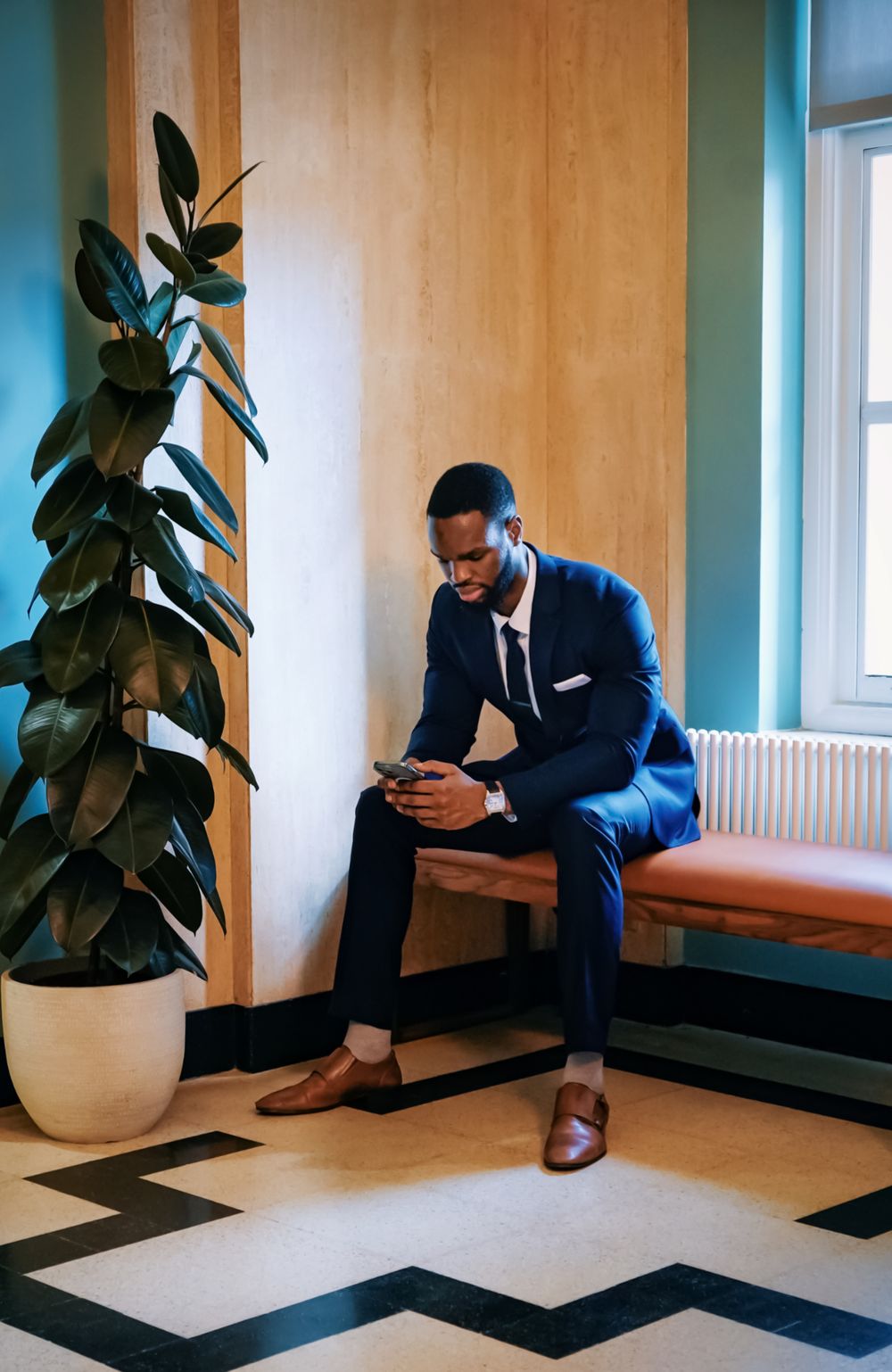 A well-dressed Black businessman in a navy suit sits on a bench, looking at his smartphone in a modern office lobby.