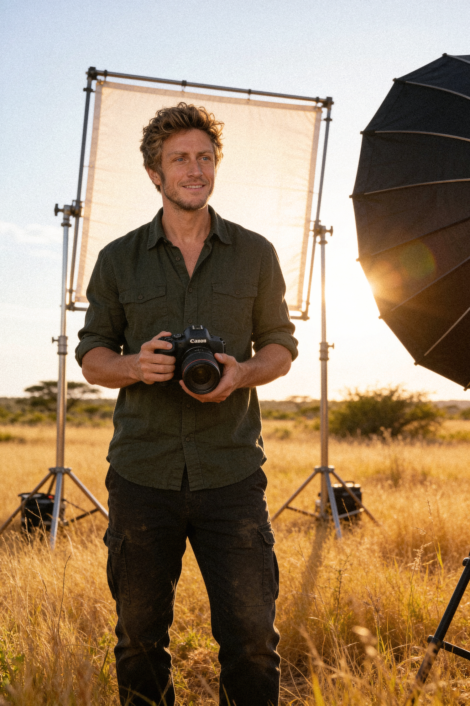 Photographer holding a Canon camera in an African savanna with studio lighting equipment set up outdoors at golden hour.