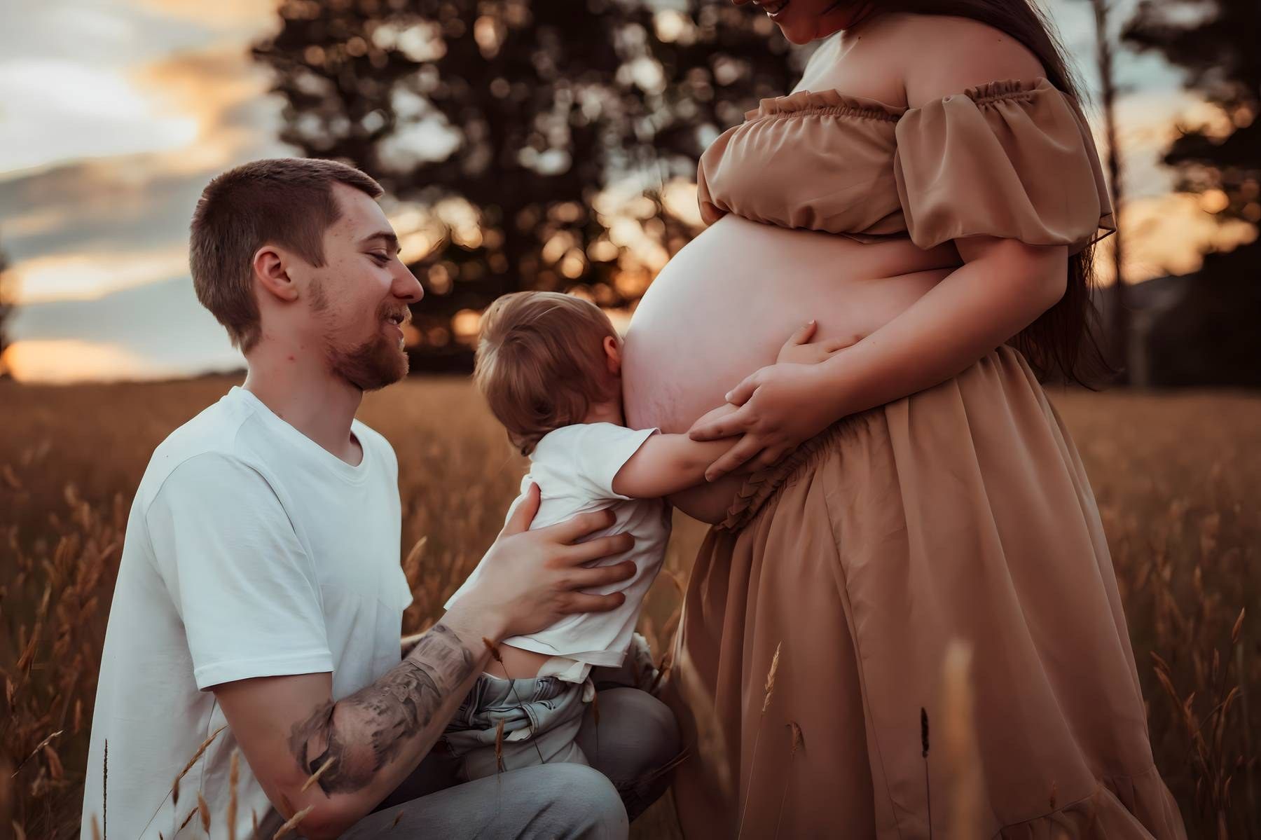 A family maternity photo at sunset in a field, with a man, toddler, and pregnant woman in a tan dress.
