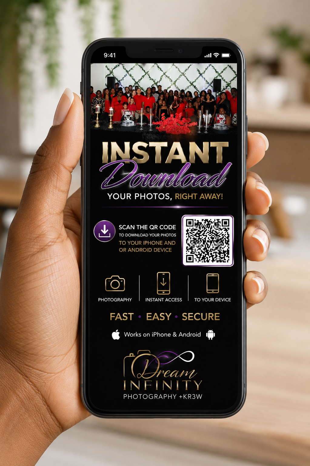 Hand holding smartphone displaying Dream Infinity Photography instant download QR code flyer with group photo.