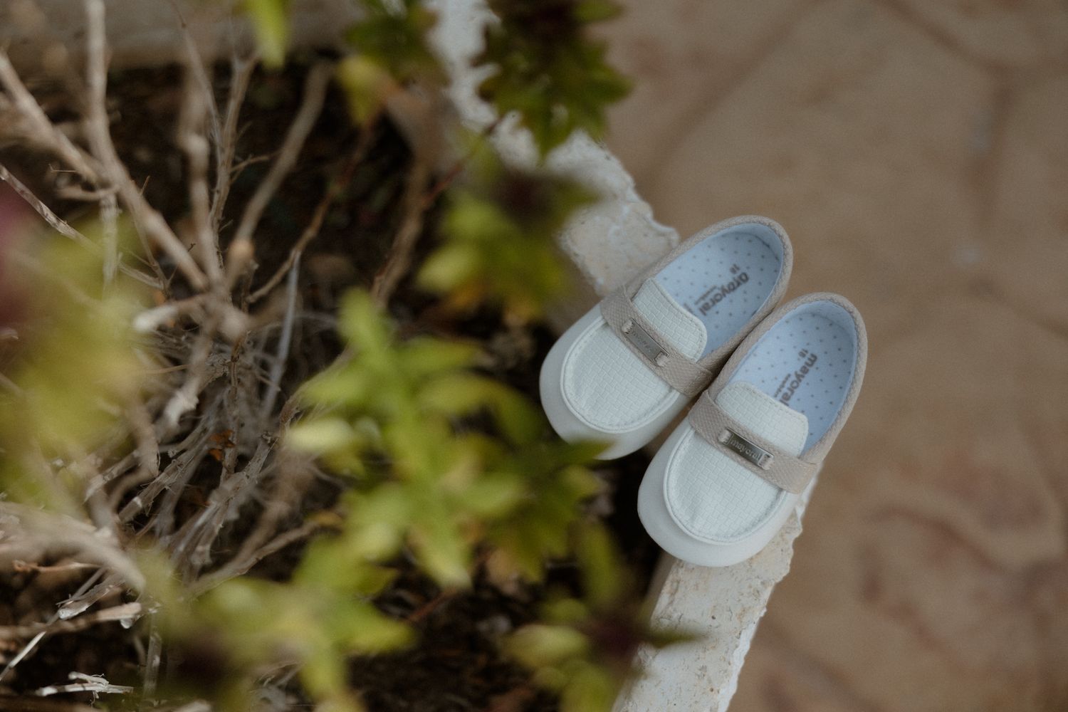 White baby loafers with blue insoles placed on a stone surface surrounded by green plants.