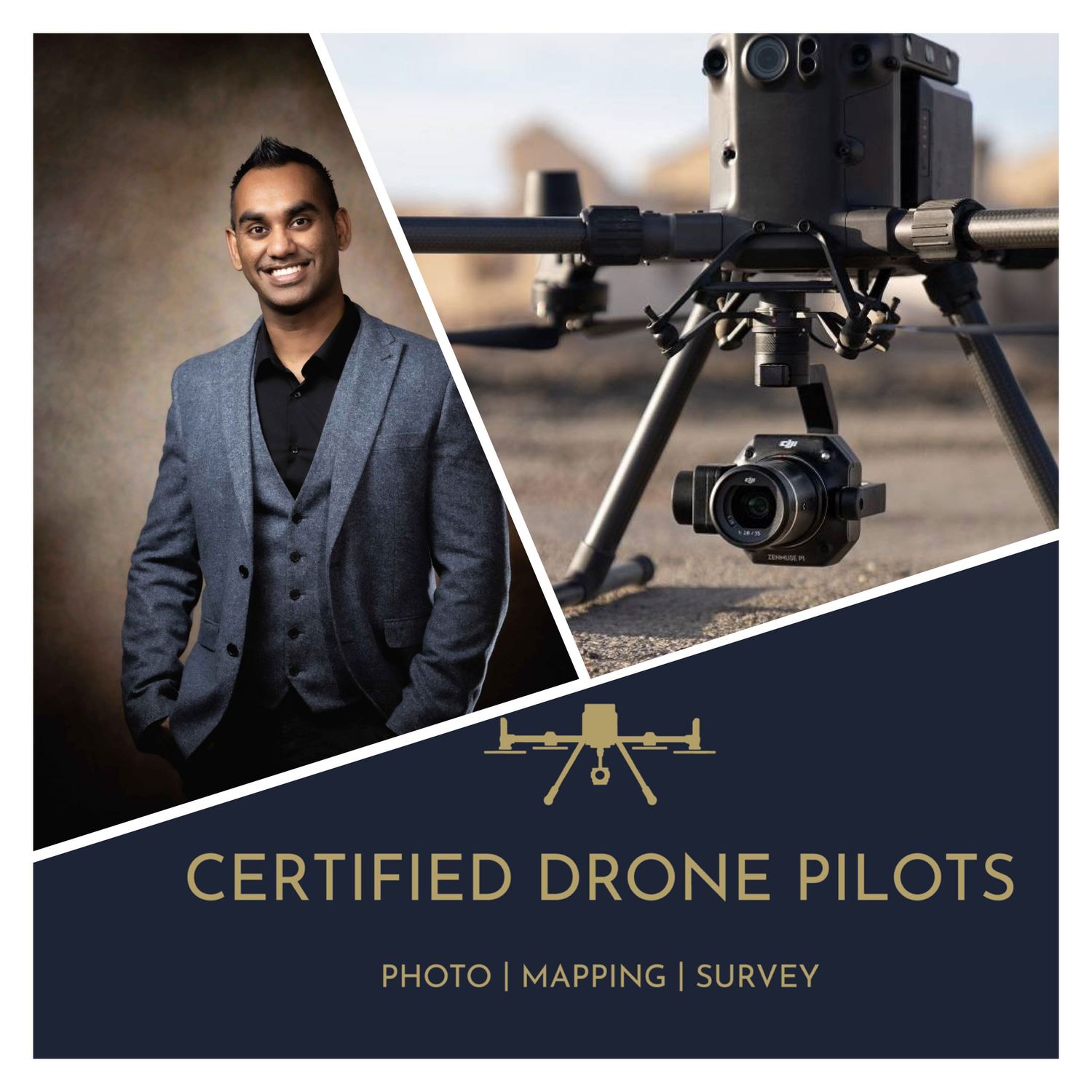 Certified drone pilots promotional image featuring founder Amit in a suit beside a commercial drone with camera.