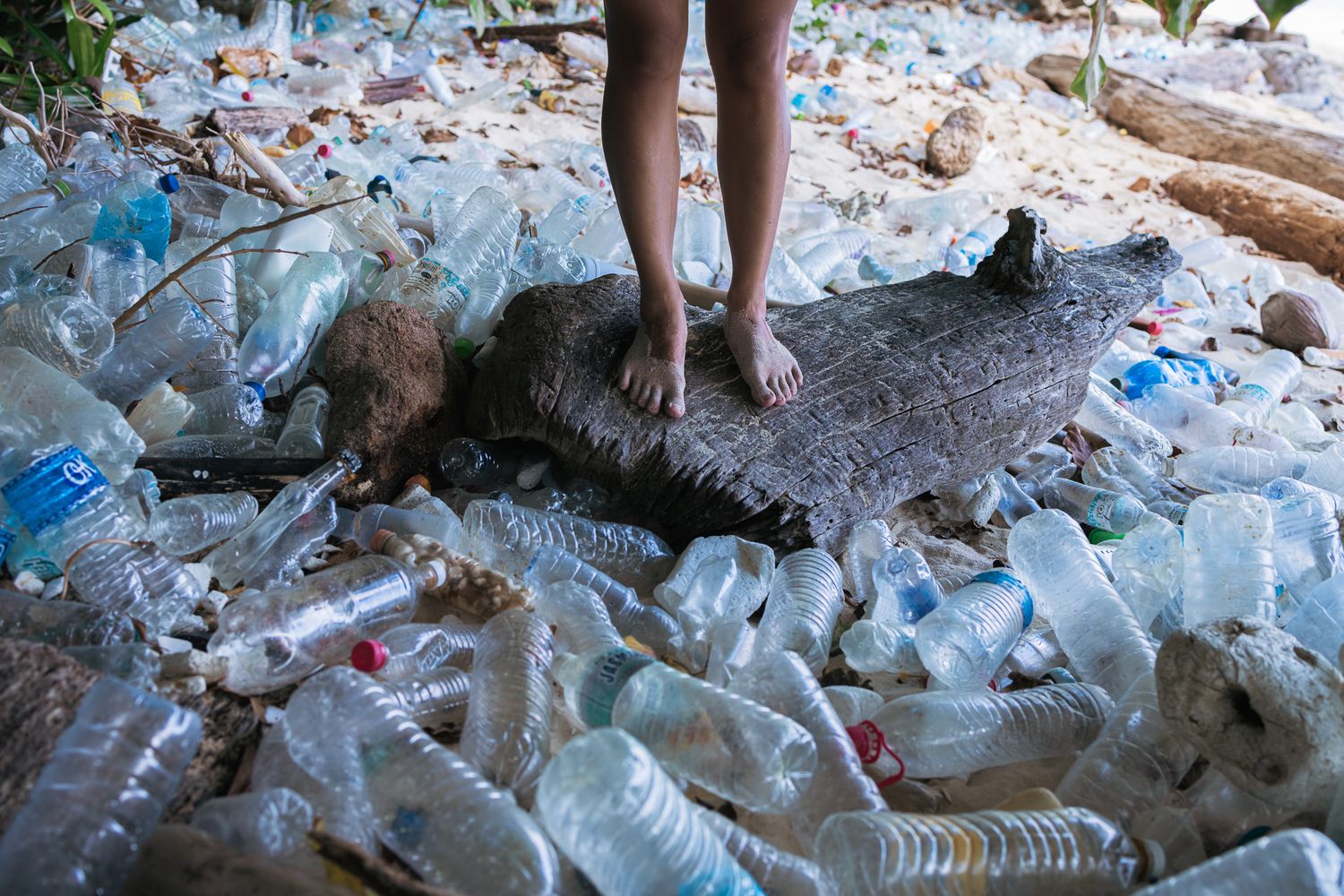 Person standing on driftwood surrounded by massive plastic bottle pollution on a tropical beach shoreline.