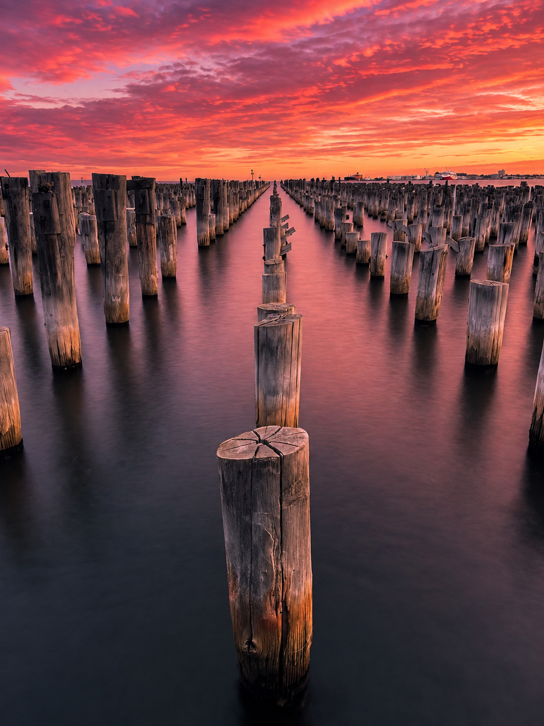 Rows of weathered wooden pier pylons stretching into calm water under a dramatic fiery red sunset sky.