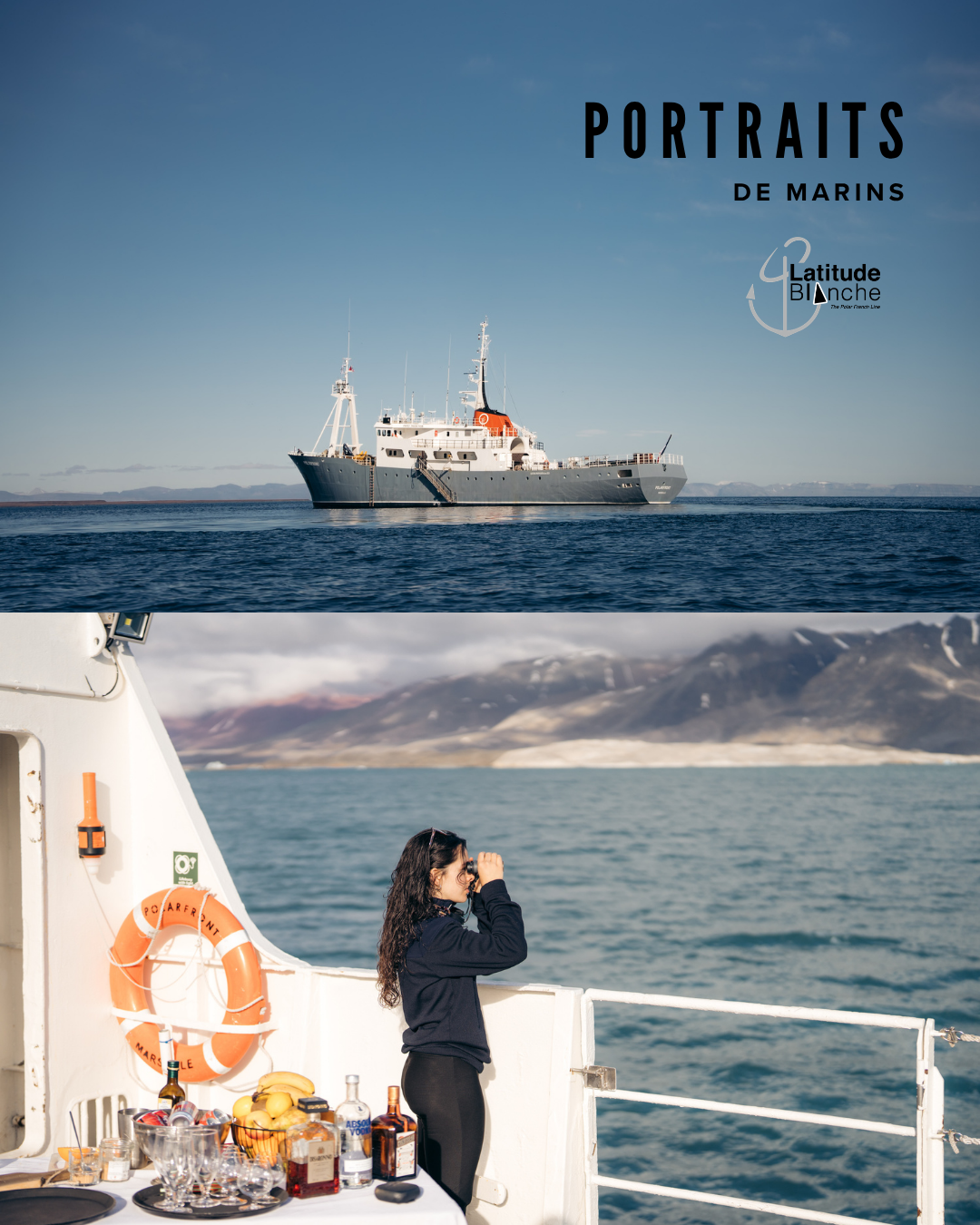 polarfront dans les eaux du spitzberg avec une hotesse qui regarde aux jumelles