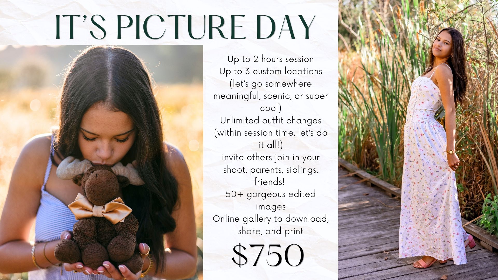 A teenage girl hugs a brown dog outdoors during a professional picture day photography session priced at $750.