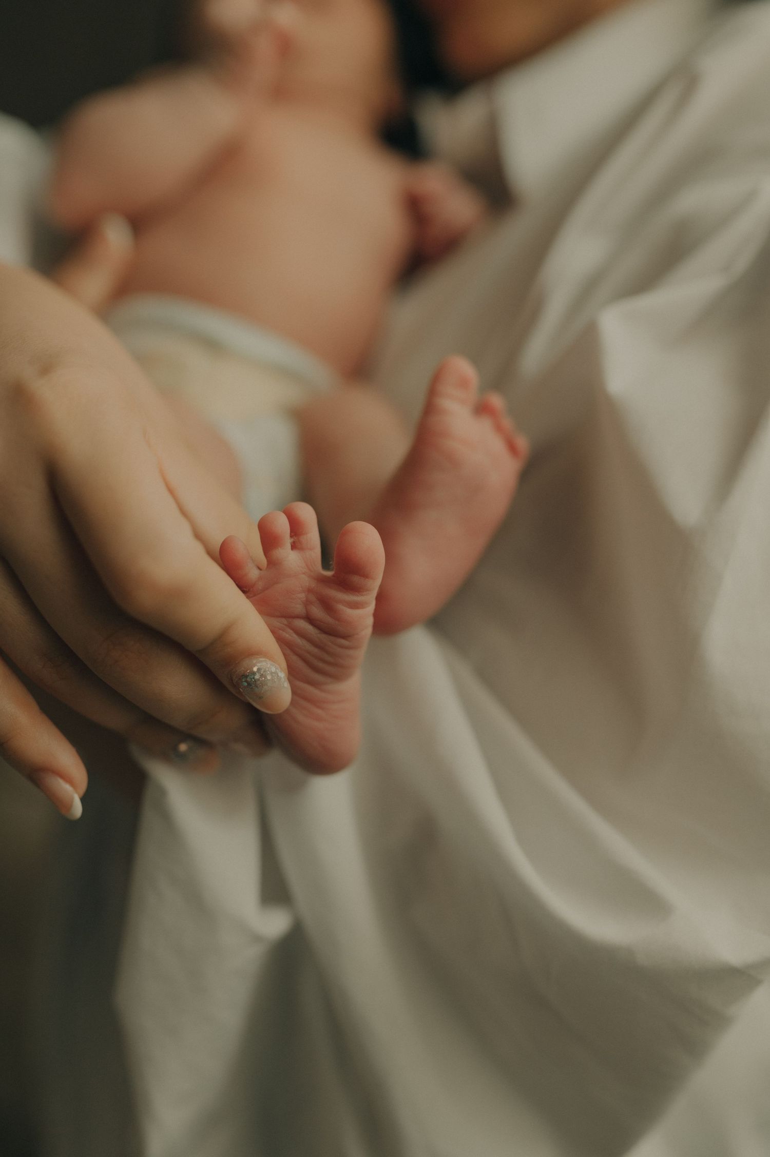 Close-up of tiny newborn feet being cradled by gentle hands against white fabric.