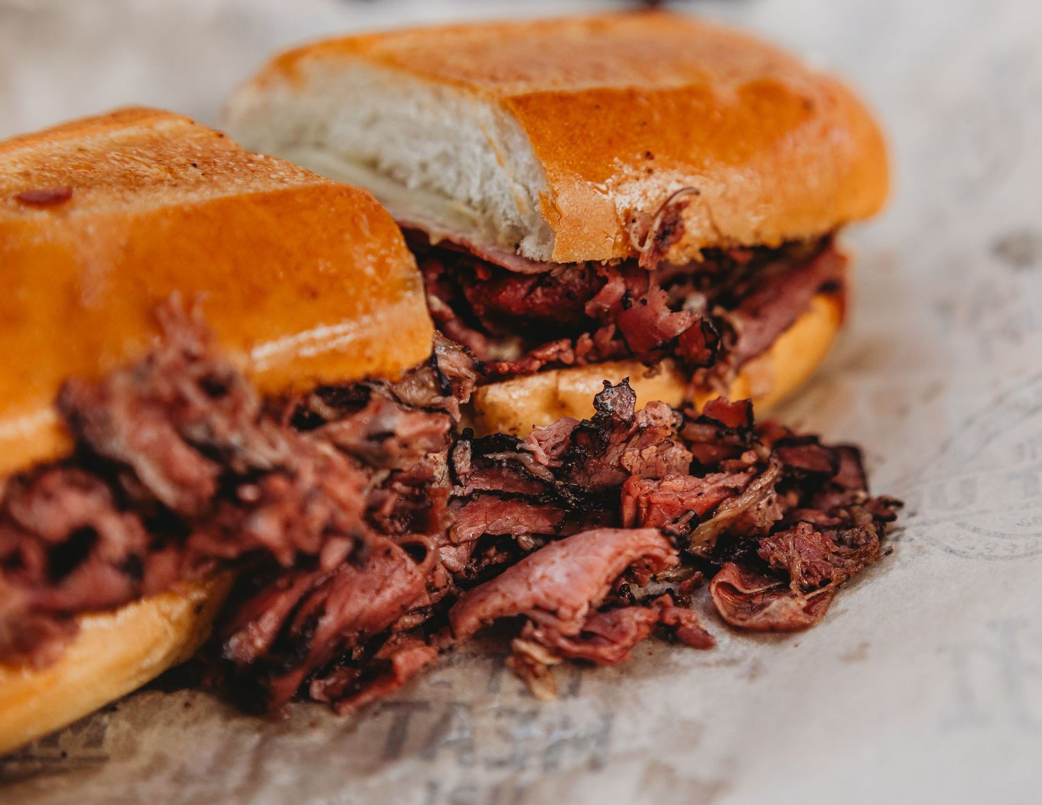 Close-up shot of pastrami sandwich