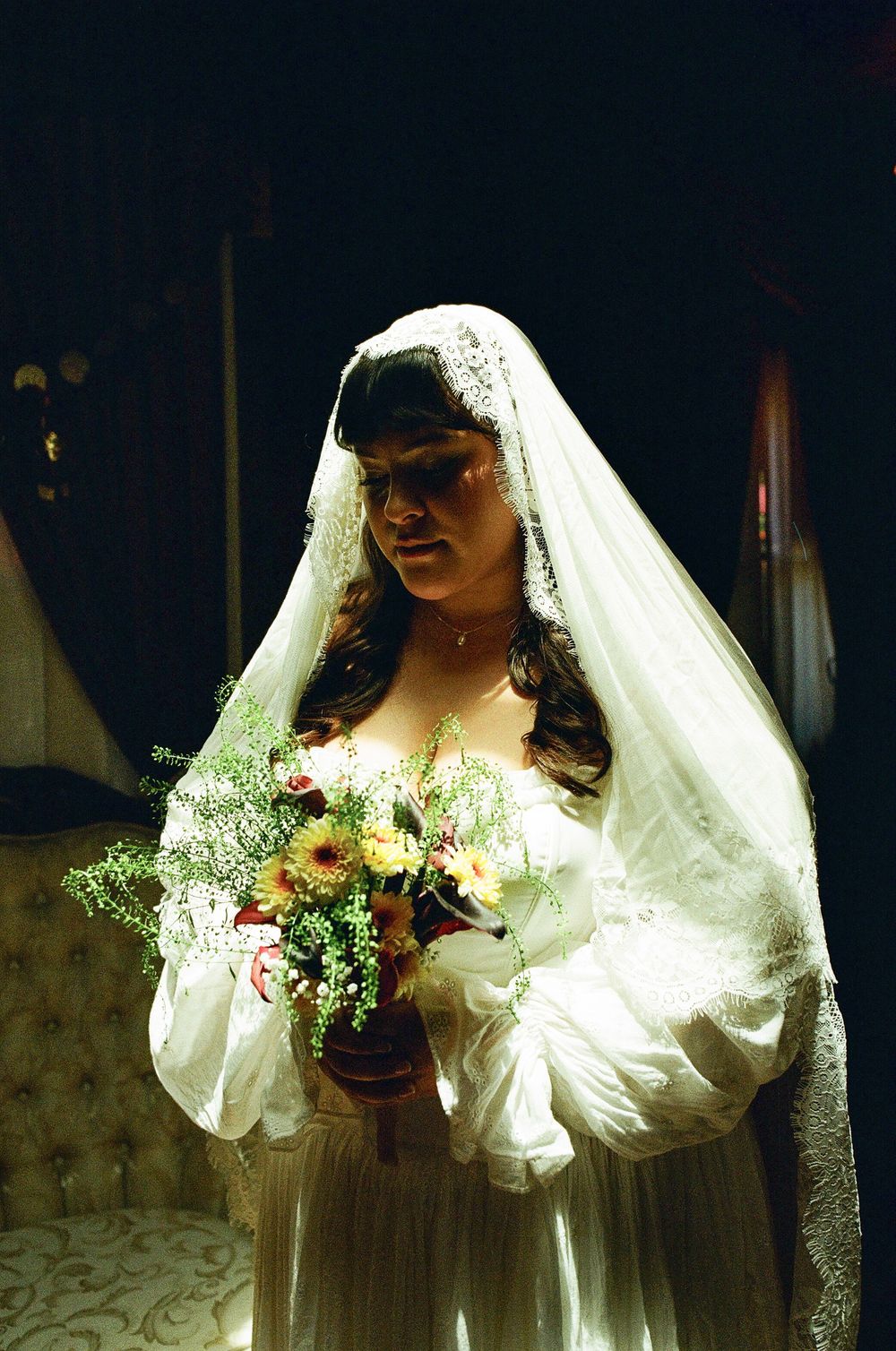 film wedding photography image of bride at old brown house in cathedral veil