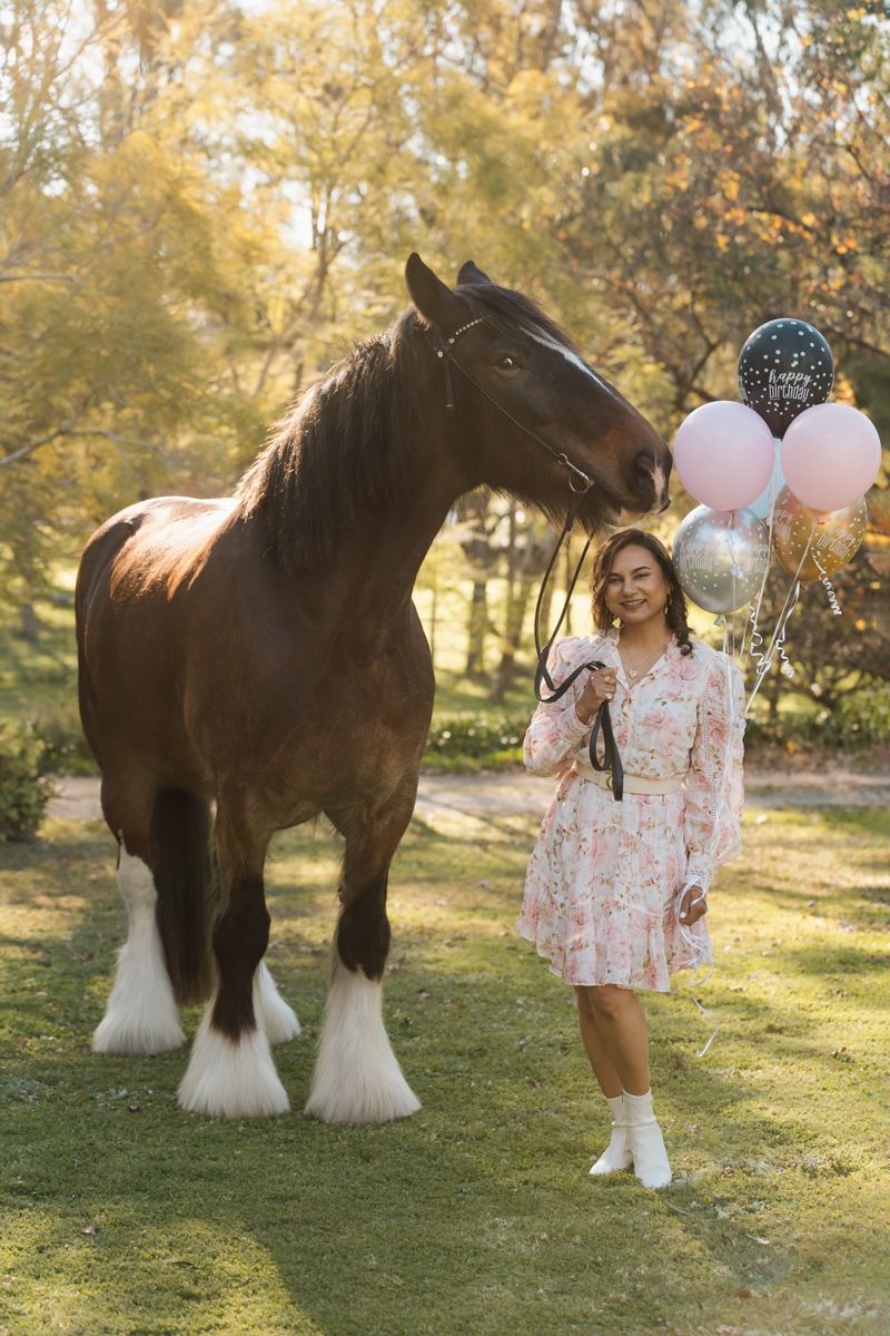 Woman in floral dress holds birthday balloons beside a large brown Shire horse in a Sydney property during a photoshoot.